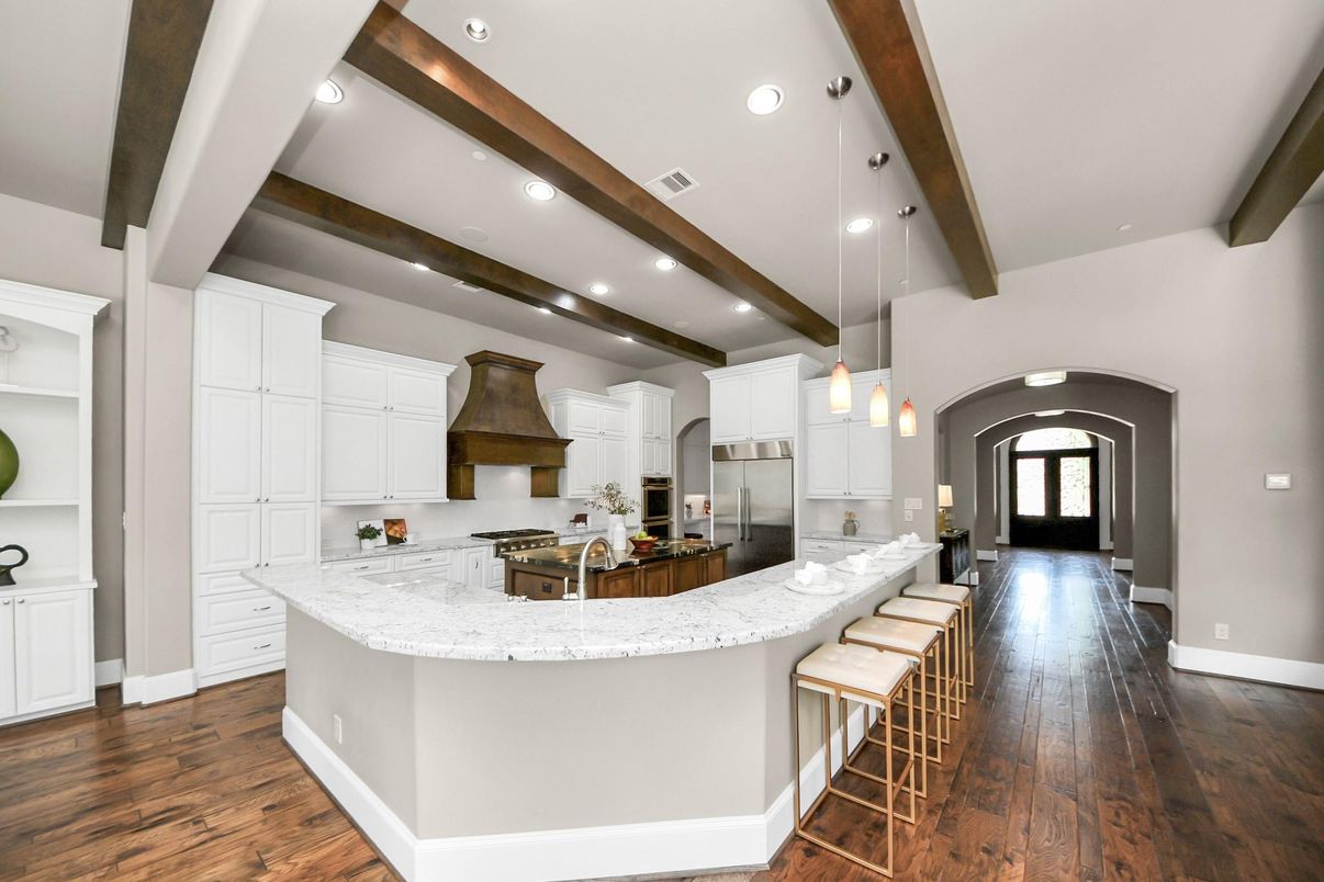 Interior, Kitchen, Pendant Lights, Recessed Lighting, Stainless Steel Appliances, Wooden Beams, Wood Texture Flooring