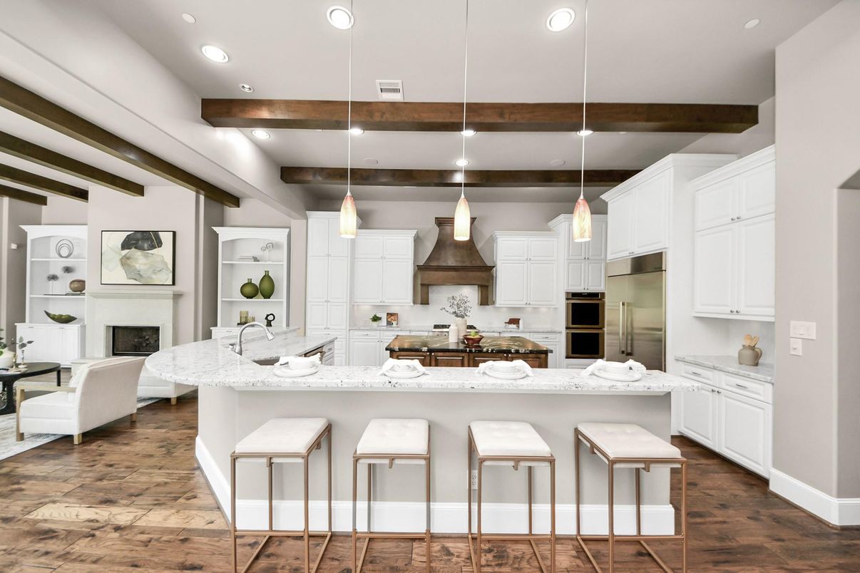 Fireplace, Interior, Kitchen, Living room, Pendant Lights, Recessed Lighting, Stainless Steel Appliances, Wooden Beams, Wood Texture Flooring