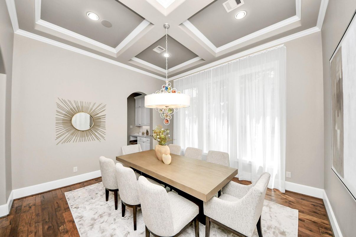 Dining room, Interior, Pendant Lights, Recessed Lighting, Wood Texture Flooring
