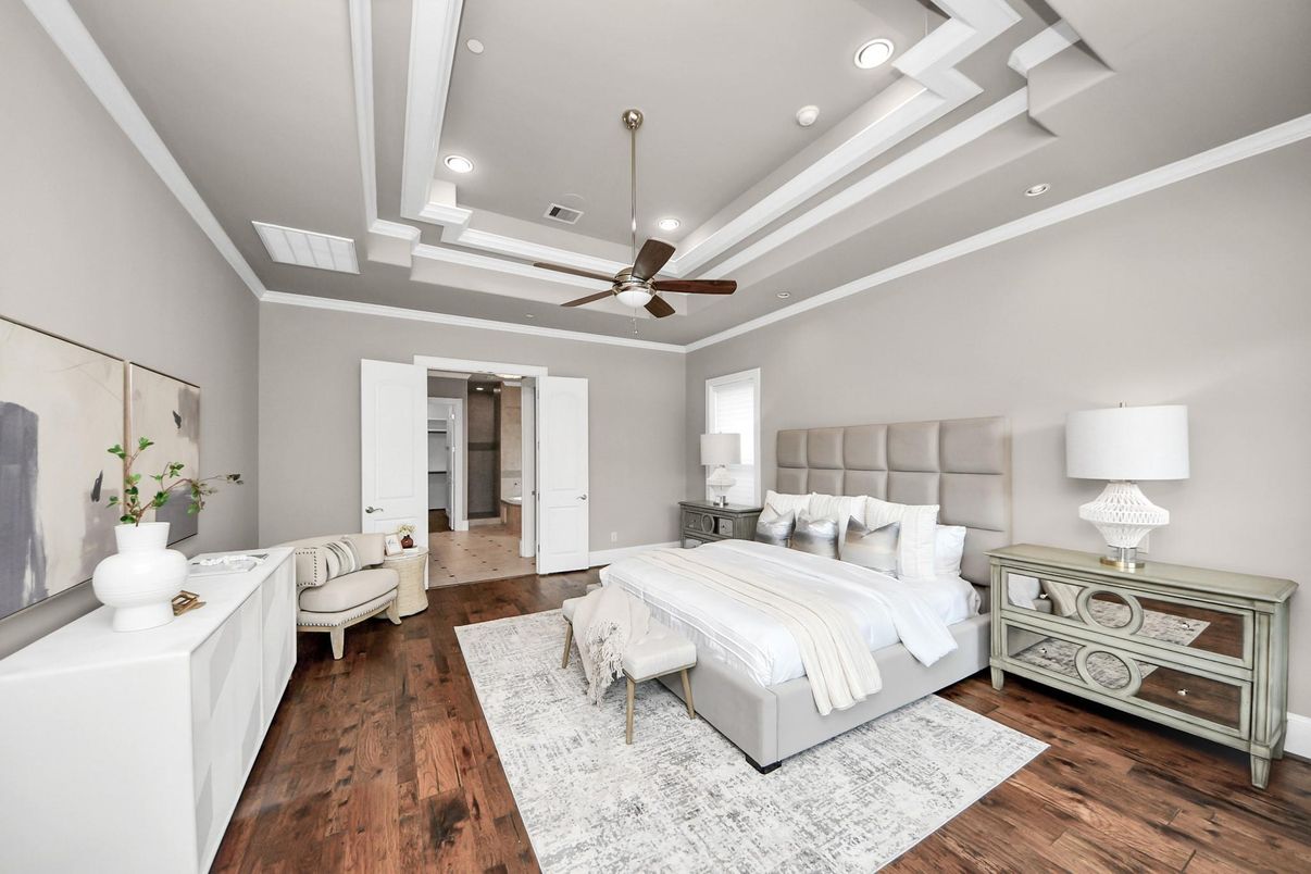 Bedroom, Interior, Recessed Lighting, Wood Texture Flooring