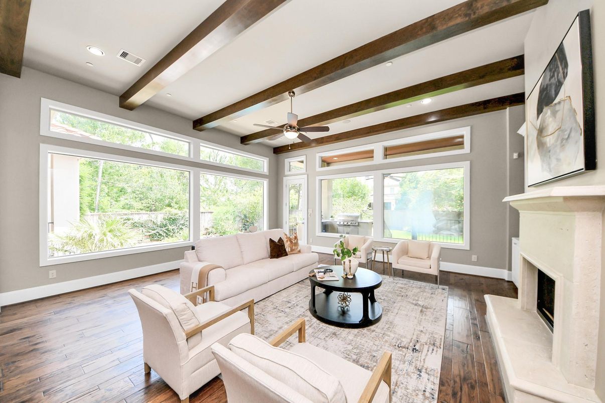 Fireplace, Interior, Living room, Recessed Lighting, Wooden Beams, Wood Texture Flooring
