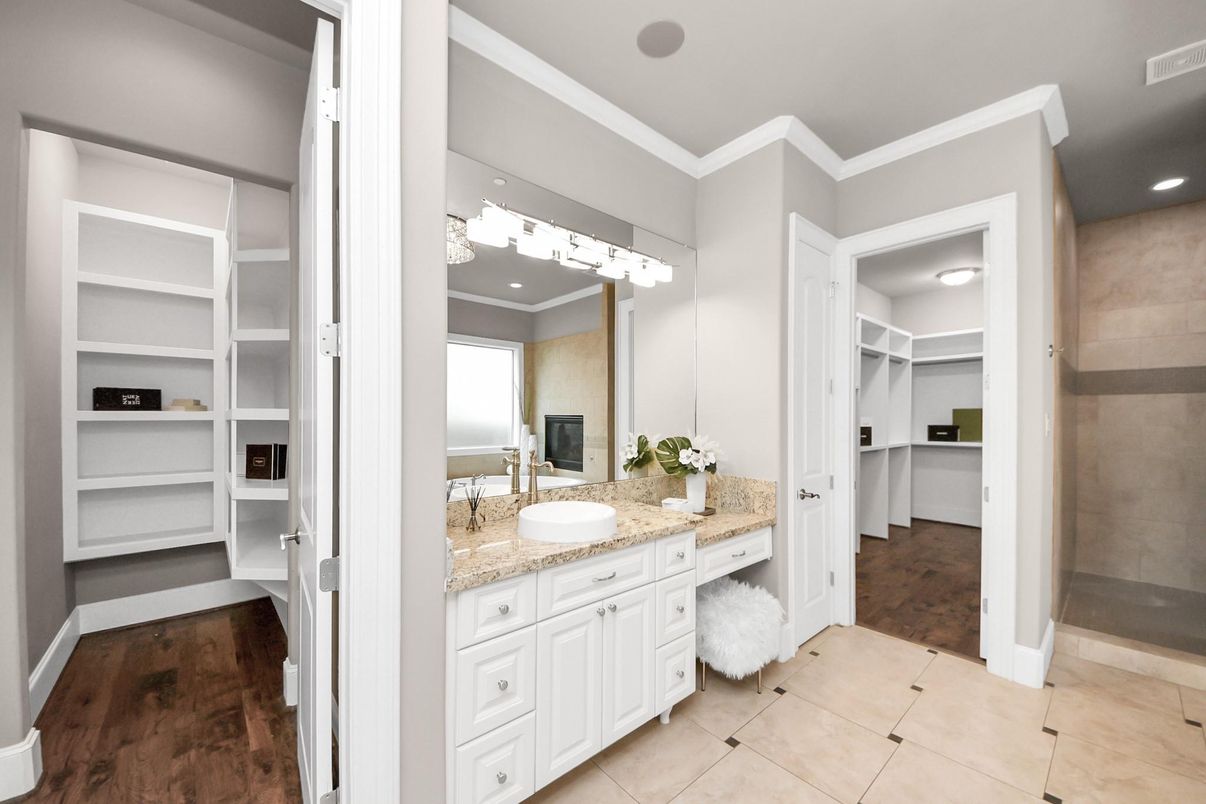 Bathroom, Interior, Recessed Lighting, Walk-in Closets, Wood Texture Flooring