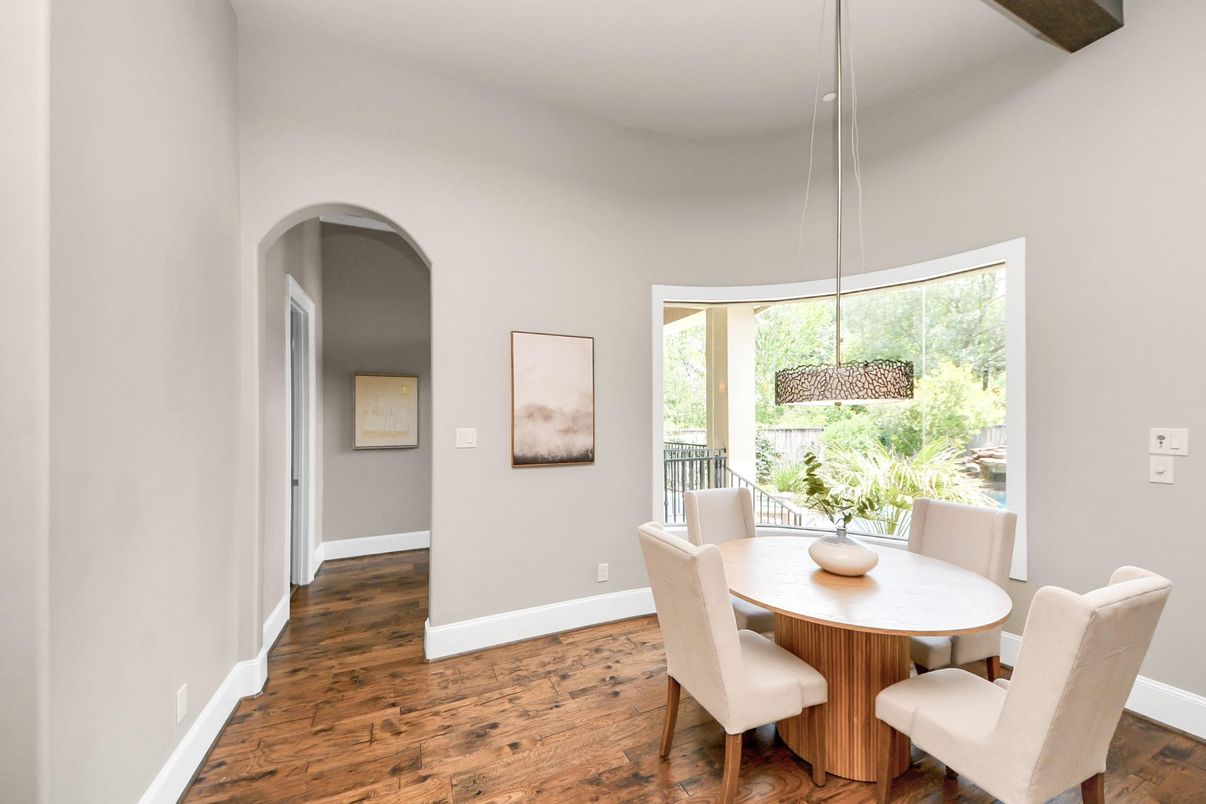 Dining room, Interior, Pendant Lights, Wood Texture Flooring