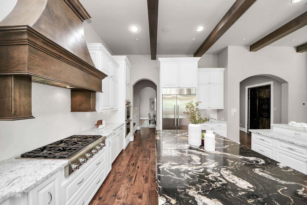 Interior, Kitchen, Recessed Lighting, Stainless Steel Appliances, Wooden Beams, Wood Texture Flooring