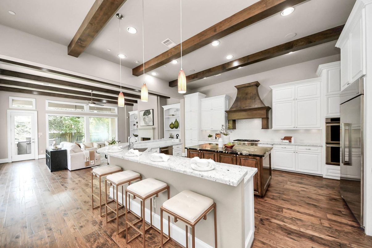 Interior, Kitchen, Living room, Pendant Lights, Recessed Lighting, Stainless Steel Appliances, Wooden Beams, Wood Texture Flooring