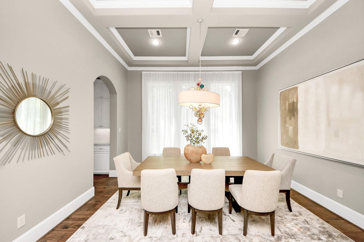 Dining room, Interior, Pendant Lights, Recessed Lighting, Wood Texture Flooring