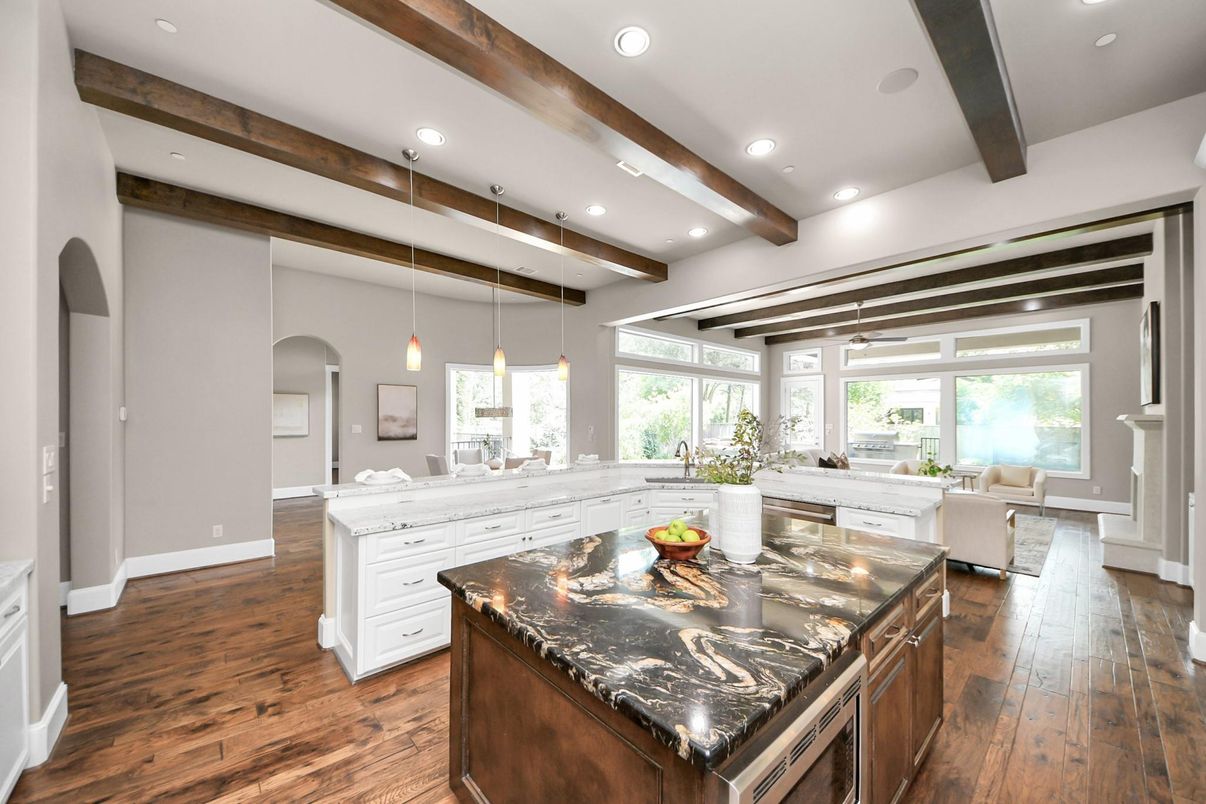 Interior, Kitchen, Living room, Pendant Lights, Recessed Lighting, Wooden Beams, Wood Texture Flooring