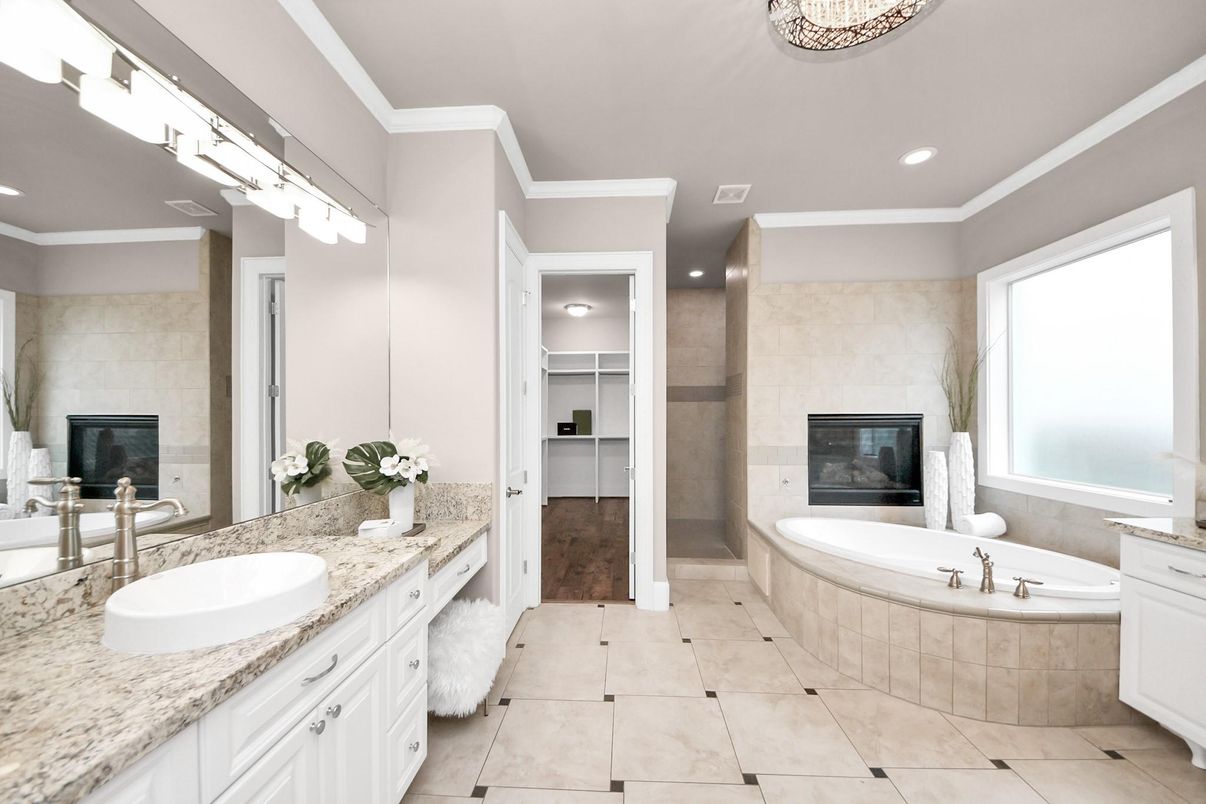 Bathroom, Dual Sink Vanities, Fireplace, Interior, Recessed Lighting