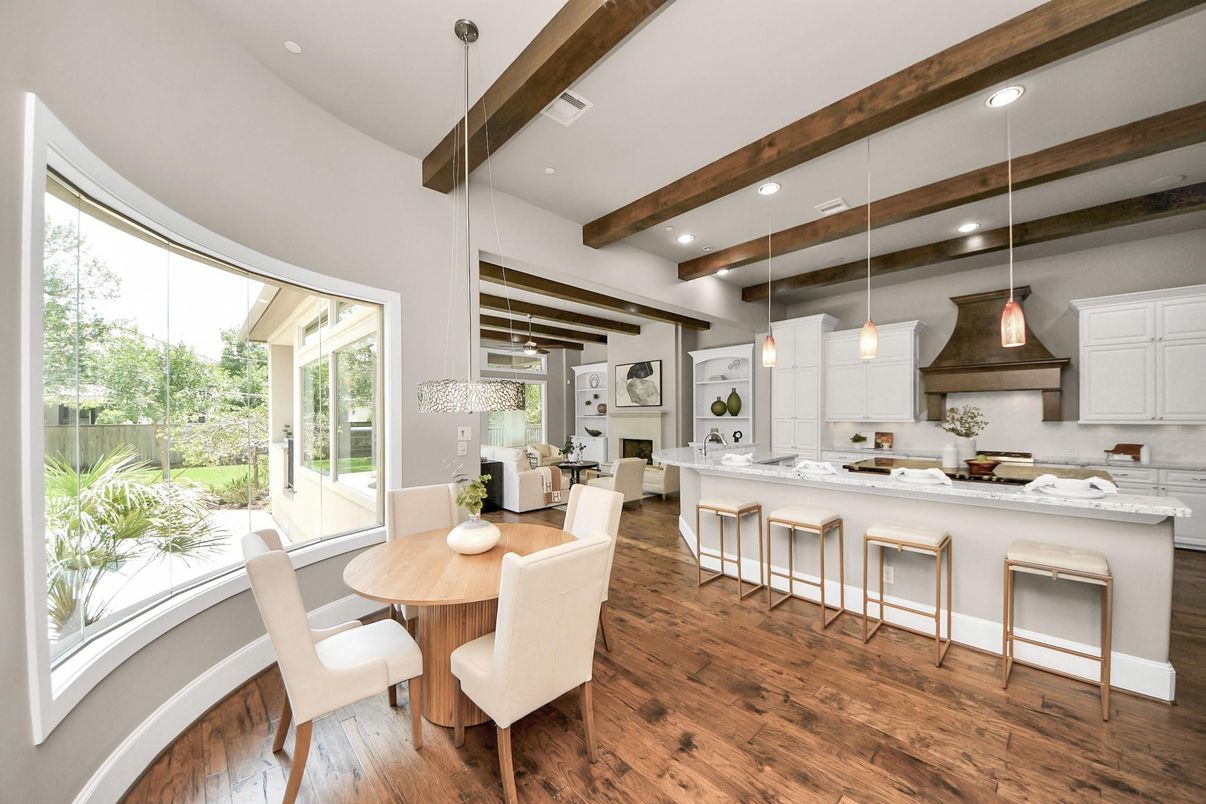 Dining room, Interior, Kitchen, Pendant Lights, Recessed Lighting, Stainless Steel Appliances, Wooden Beams, Wood Texture Flooring