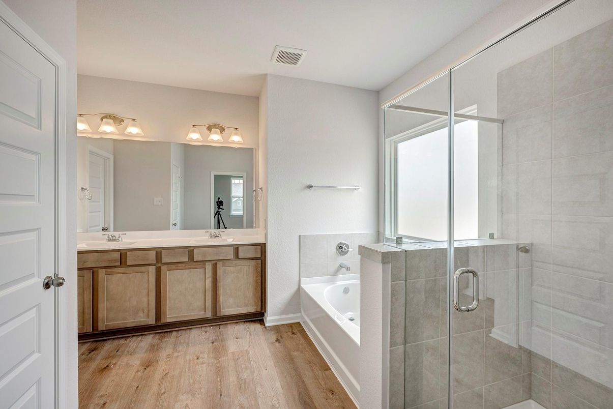 Bathroom, Dual Sink Vanities, Glass Shower, Interior, Wood Texture Flooring