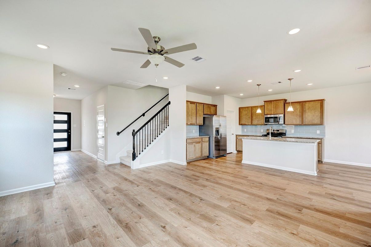 Interior, Kitchen, Pendant Lights, Recessed Lighting, Wood Texture Flooring