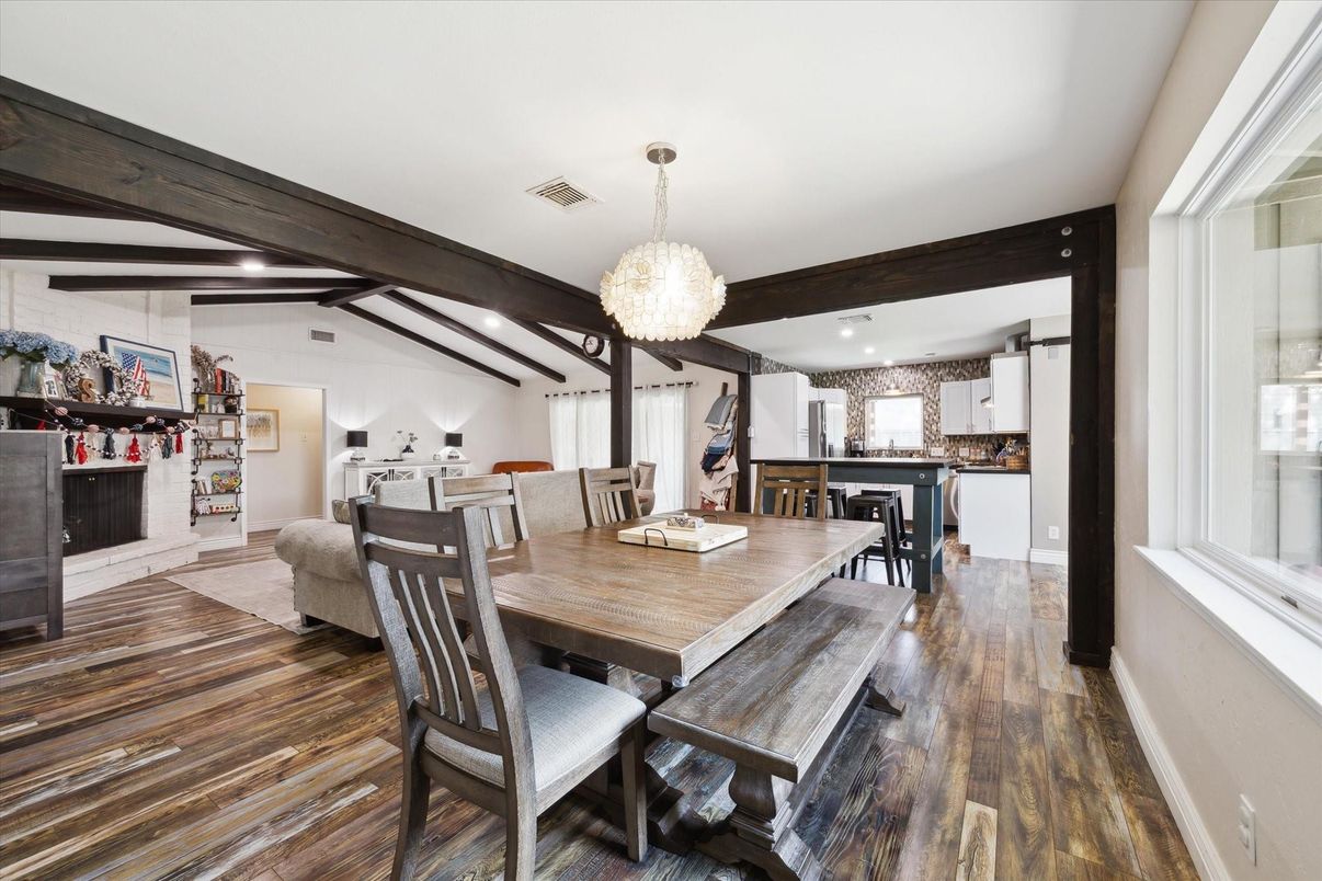 Chandelier, Dining room, Interior, Living room, Pendant Lights, Recessed Lighting, Wooden Beams, Wood Texture Flooring