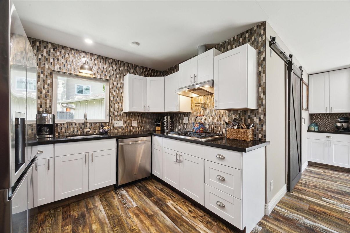 Interior, Kitchen, Recessed Lighting, Stainless Steel Appliances, Wood Texture Flooring
