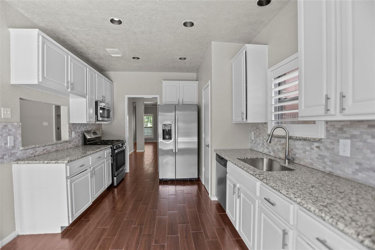 Interior, Kitchen, Recessed Lighting, Stainless Steel Appliances, Wood Texture Flooring