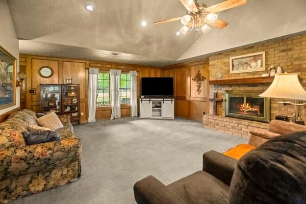 Fireplace, Interior, Living room, Recessed Lighting, Stone Walls, Wooden Walls