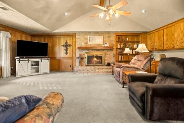 Fireplace, Interior, Living room, Recessed Lighting, Stone Walls, Wooden Walls