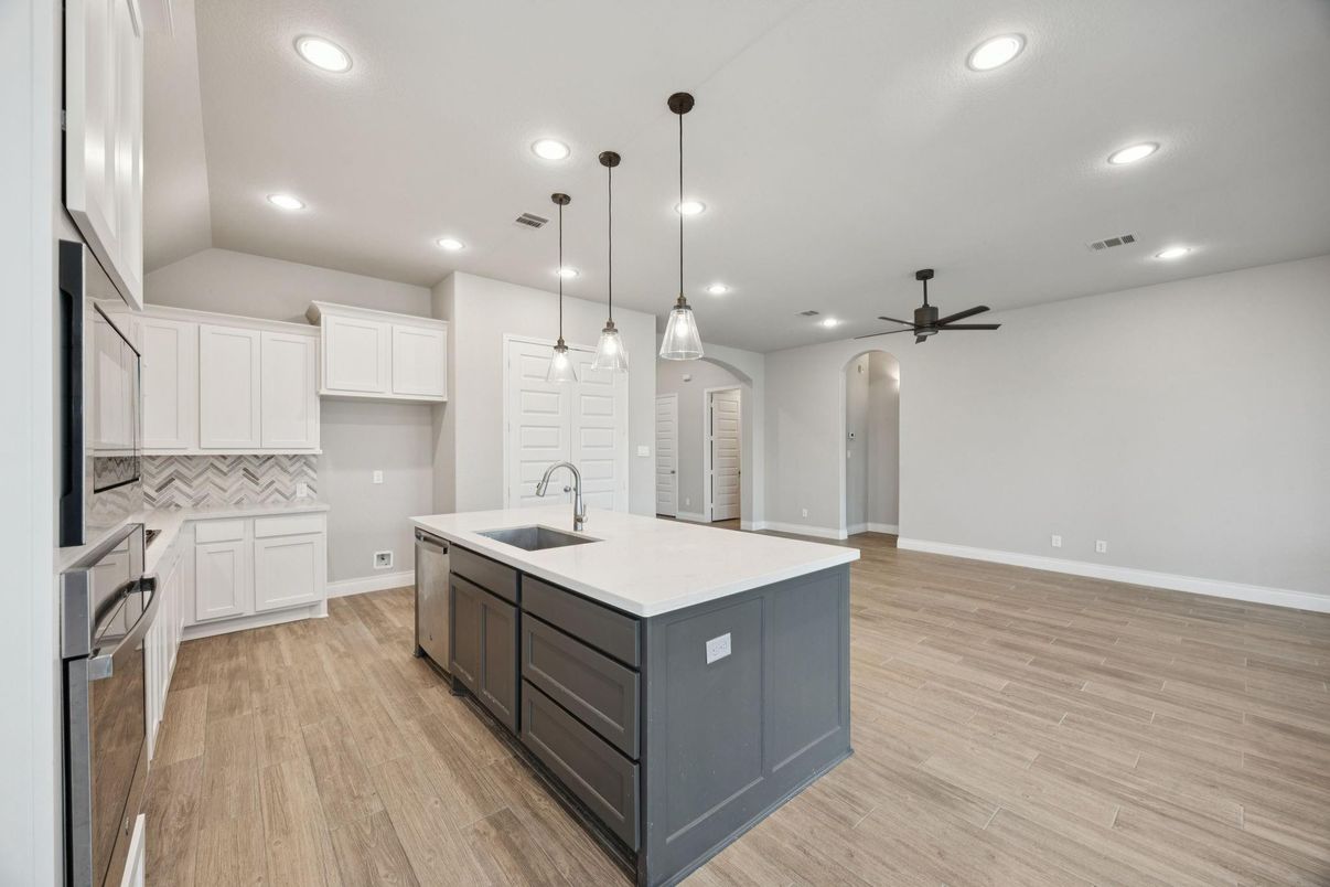 Interior, Kitchen, Pendant Lights, Recessed Lighting, Wood Texture Flooring