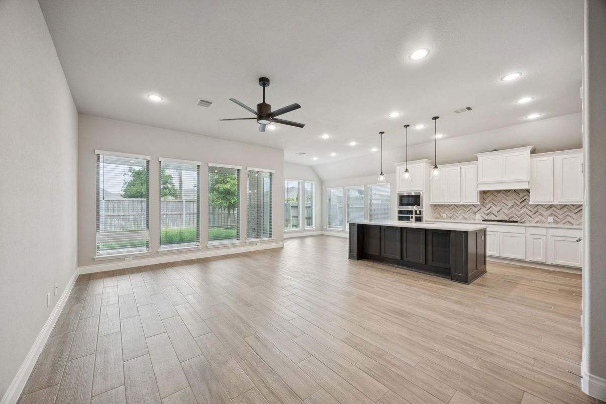 Empty room, Interior, Kitchen, Pendant Lights, Recessed Lighting, Wood Texture Flooring
