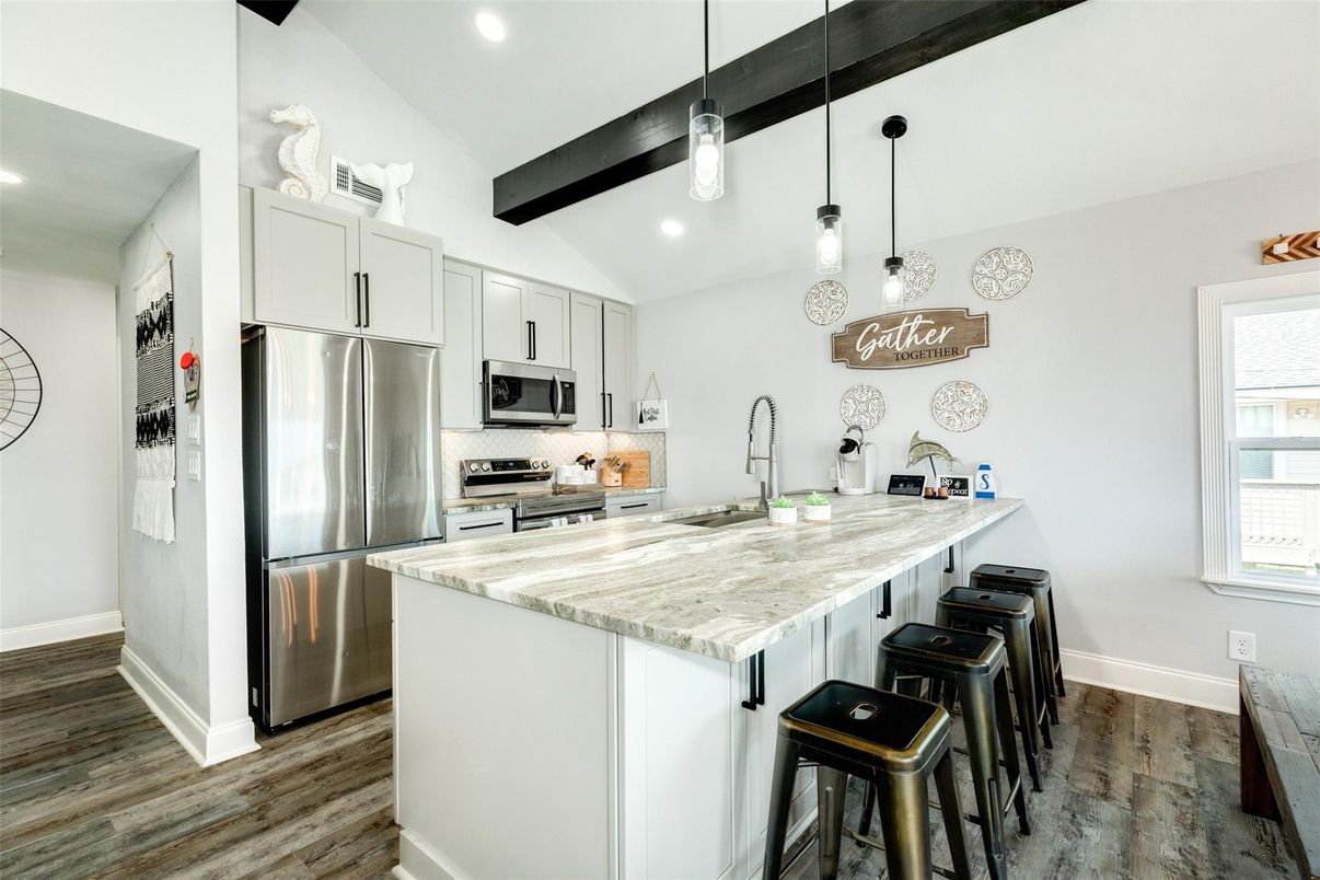 Interior, Kitchen, Pendant Lights, Recessed Lighting, Stainless Steel Appliances, Wooden Beams, Wood Texture Flooring