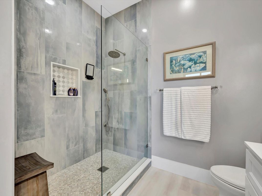 Bathroom, Glass Shower, Interior, Recessed Lighting, Wood Texture Flooring