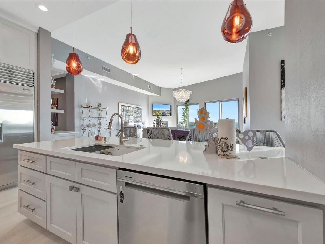 Chandelier, Interior, Kitchen, Pendant Lights, Recessed Lighting, Stainless Steel Appliances, Wood Texture Flooring