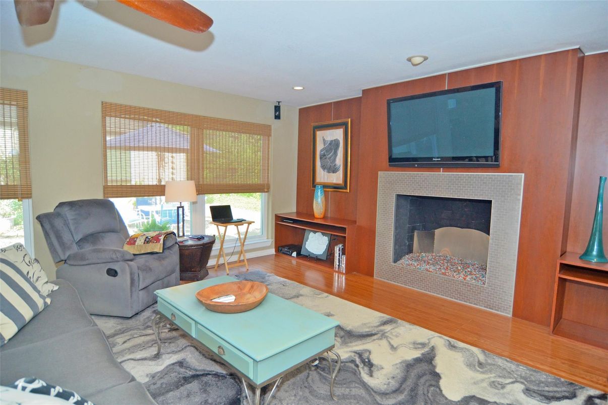 Fireplace, Interior, Living room, Recessed Lighting, Wood Texture Flooring