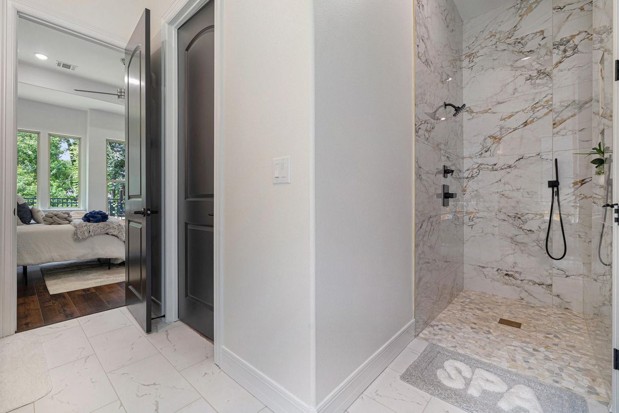 Bathroom, Bedroom, Interior, Marble, Marble Walls, Recessed Lighting, Wood Texture Flooring