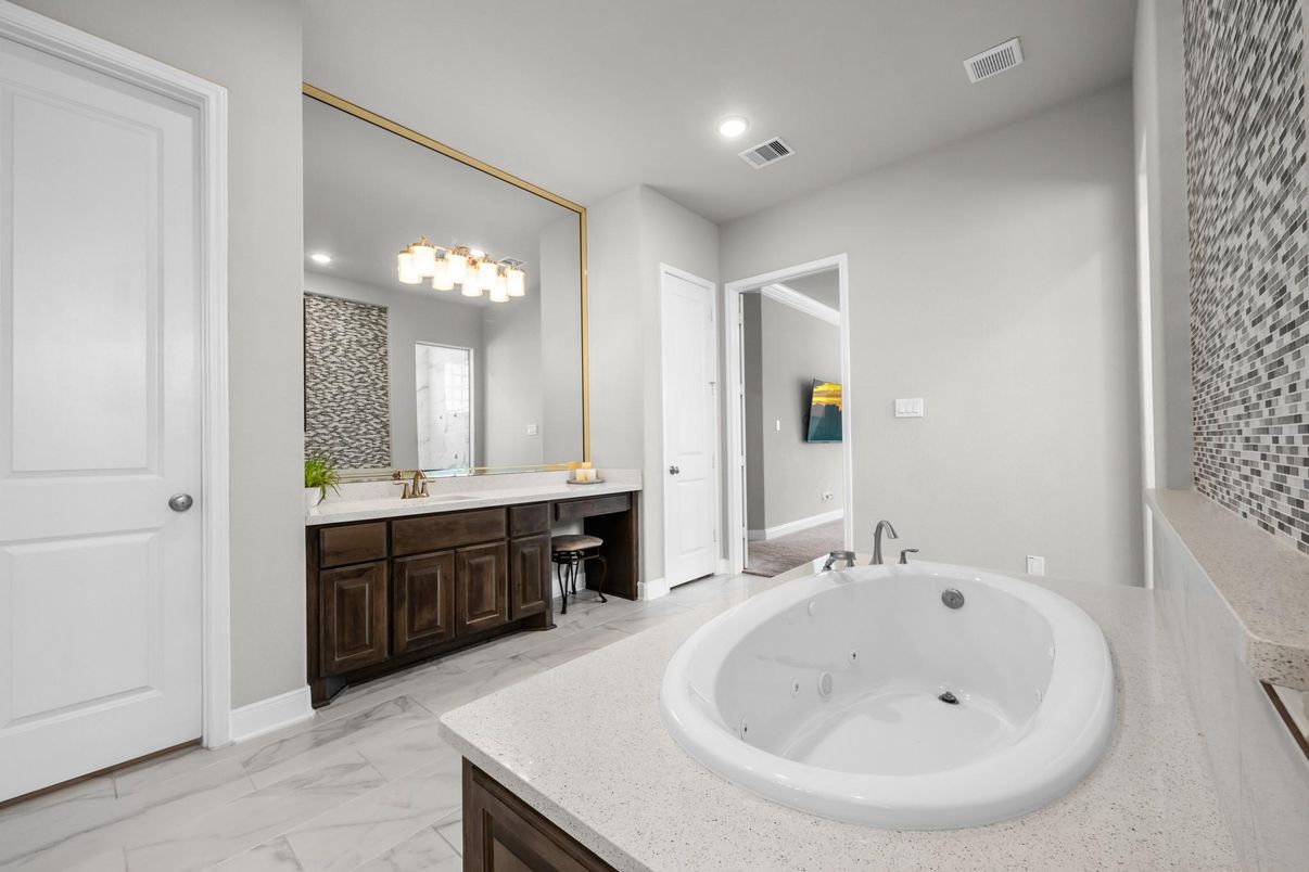 Bathroom, Dual Sink Vanities, Interior, Marble, Recessed Lighting