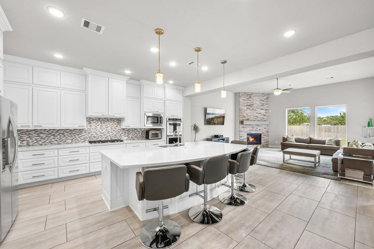 Fireplace, Interior, Kitchen, Living room, Pendant Lights, Recessed Lighting, Stainless Steel Appliances