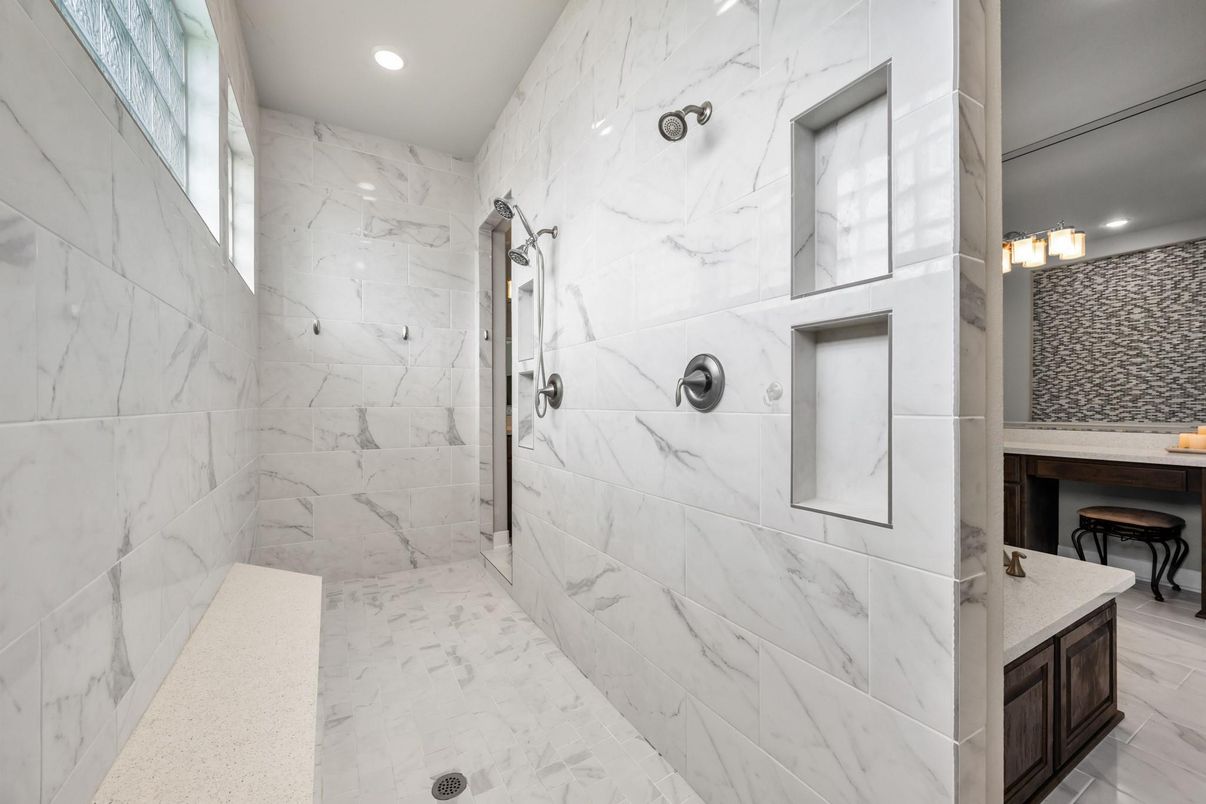 Bathroom, Glass Shower, Interior, Marble, Marble Walls, Recessed Lighting