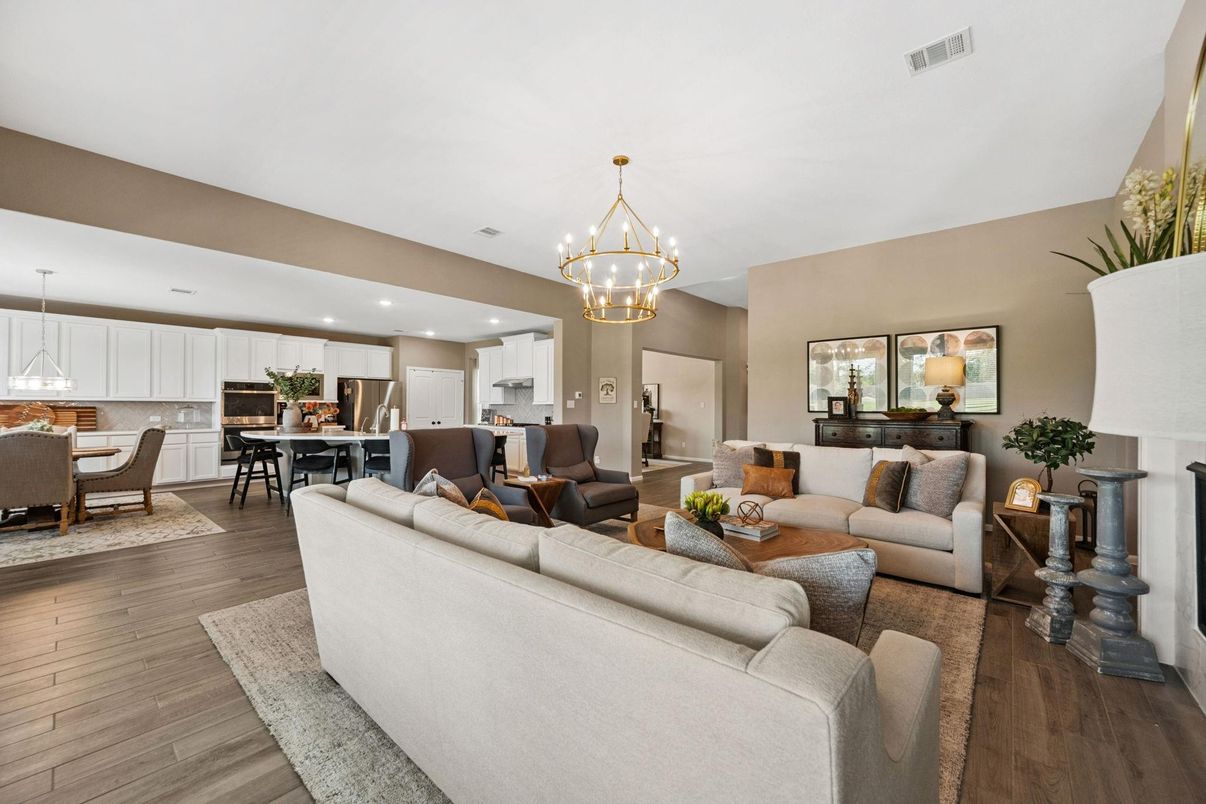 Chandelier, Dining room, Interior, Kitchen, Living room, Pendant Lights, Recessed Lighting, Wood Texture Flooring