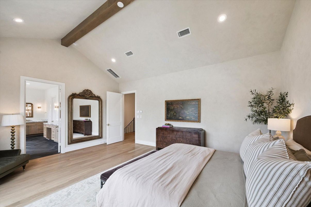 Bedroom, Interior, Recessed Lighting, Wooden Beams, Wood Texture Flooring