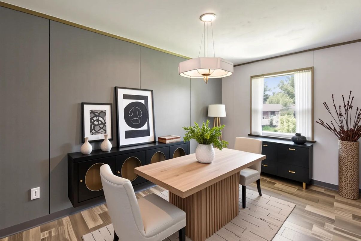 Dining room, Interior, Pendant Lights, Wood Texture Flooring
