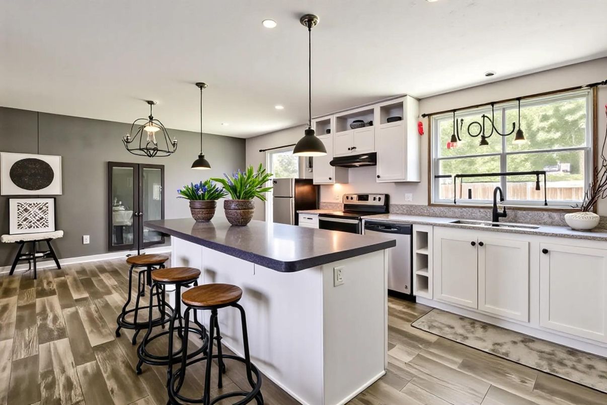 Interior, Kitchen, Pendant Lights, Recessed Lighting, Stainless Steel Appliances, Wood Texture Flooring