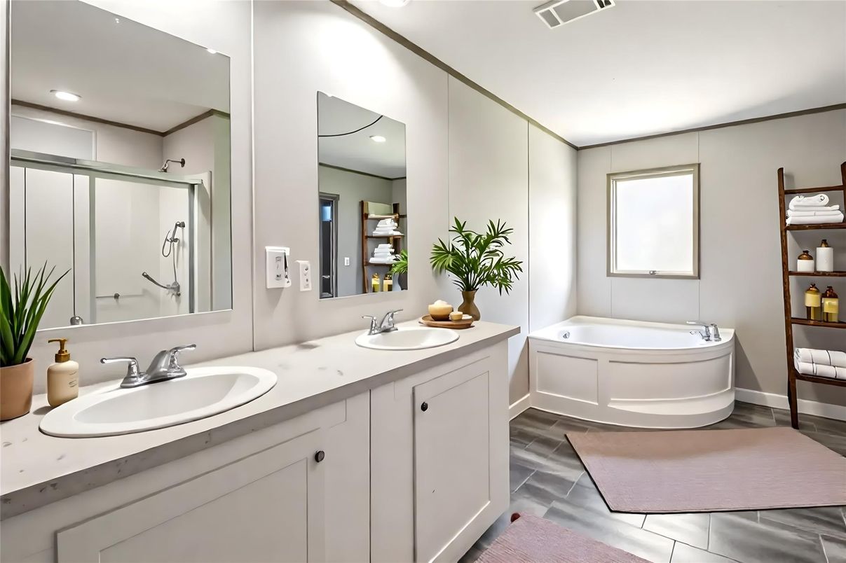 Bathroom, Dual Sink Vanities, Interior, Recessed Lighting, Wood Texture Flooring