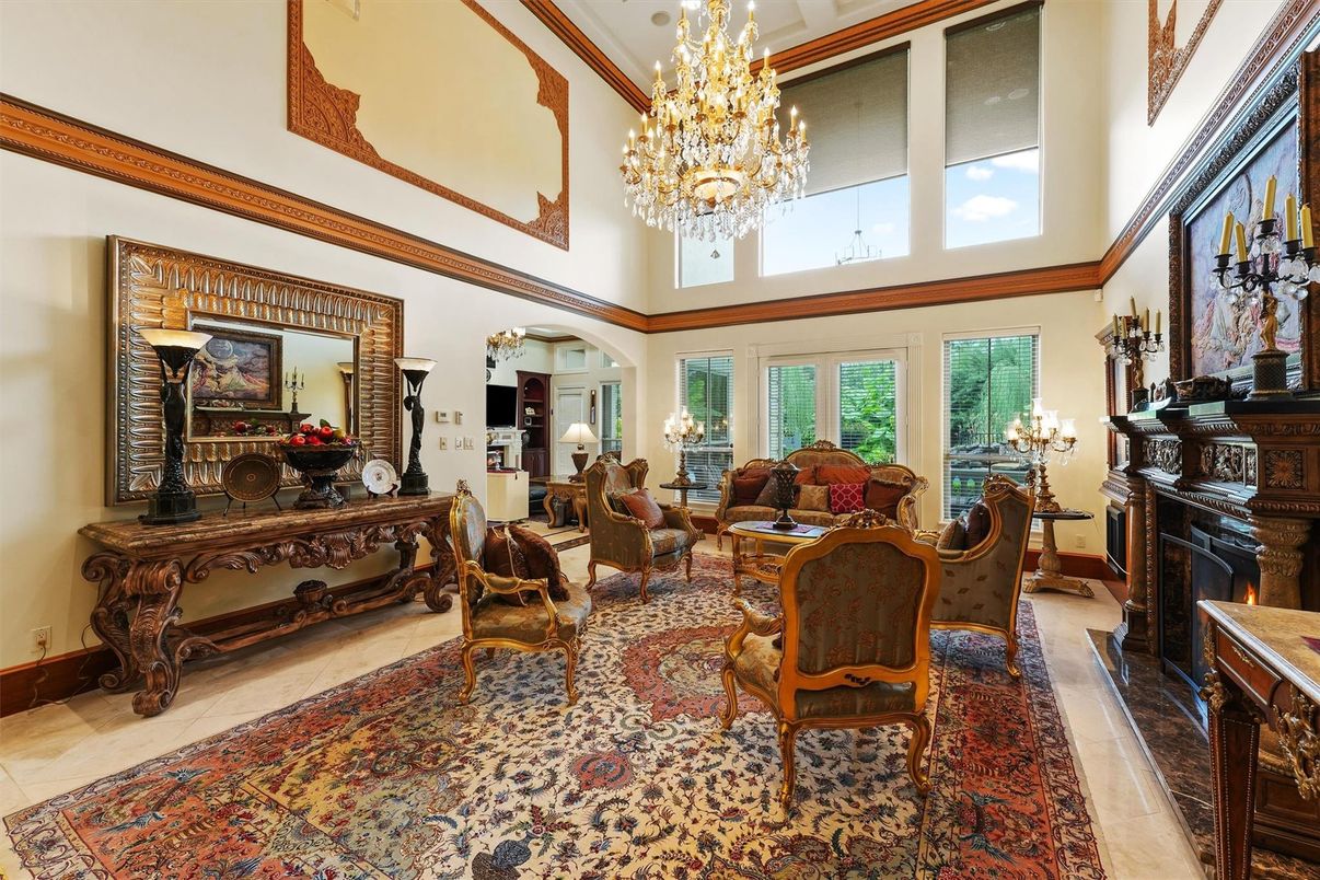 Chandelier, Dining room, Fireplace, Interior, Living room