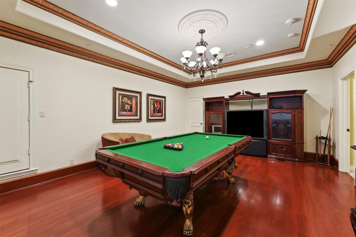 Billiard Table, Chandelier, Game Room, Interior, Recessed Lighting, Wood Texture Flooring