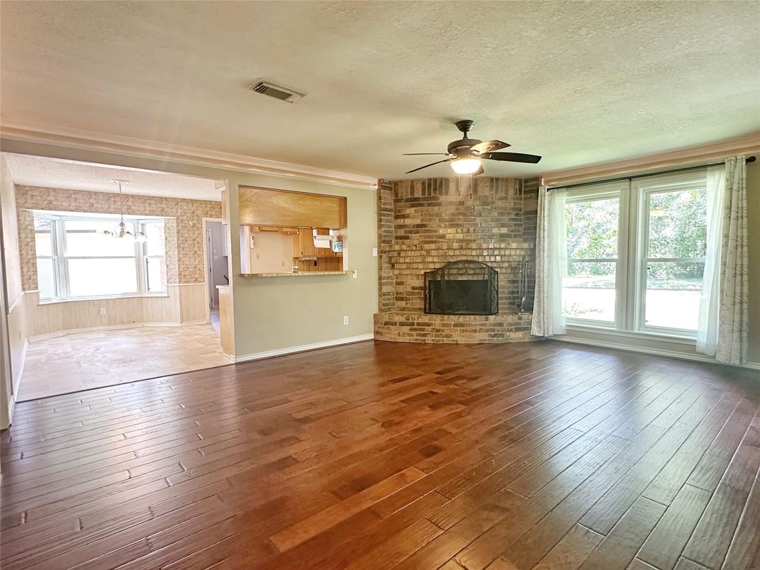 Empty room, Fireplace, Interior, Stone Walls, Wood Texture Flooring