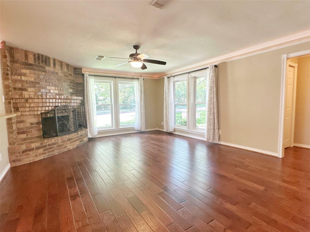 Empty room, Fireplace, Interior, Stone Walls, Wood Texture Flooring