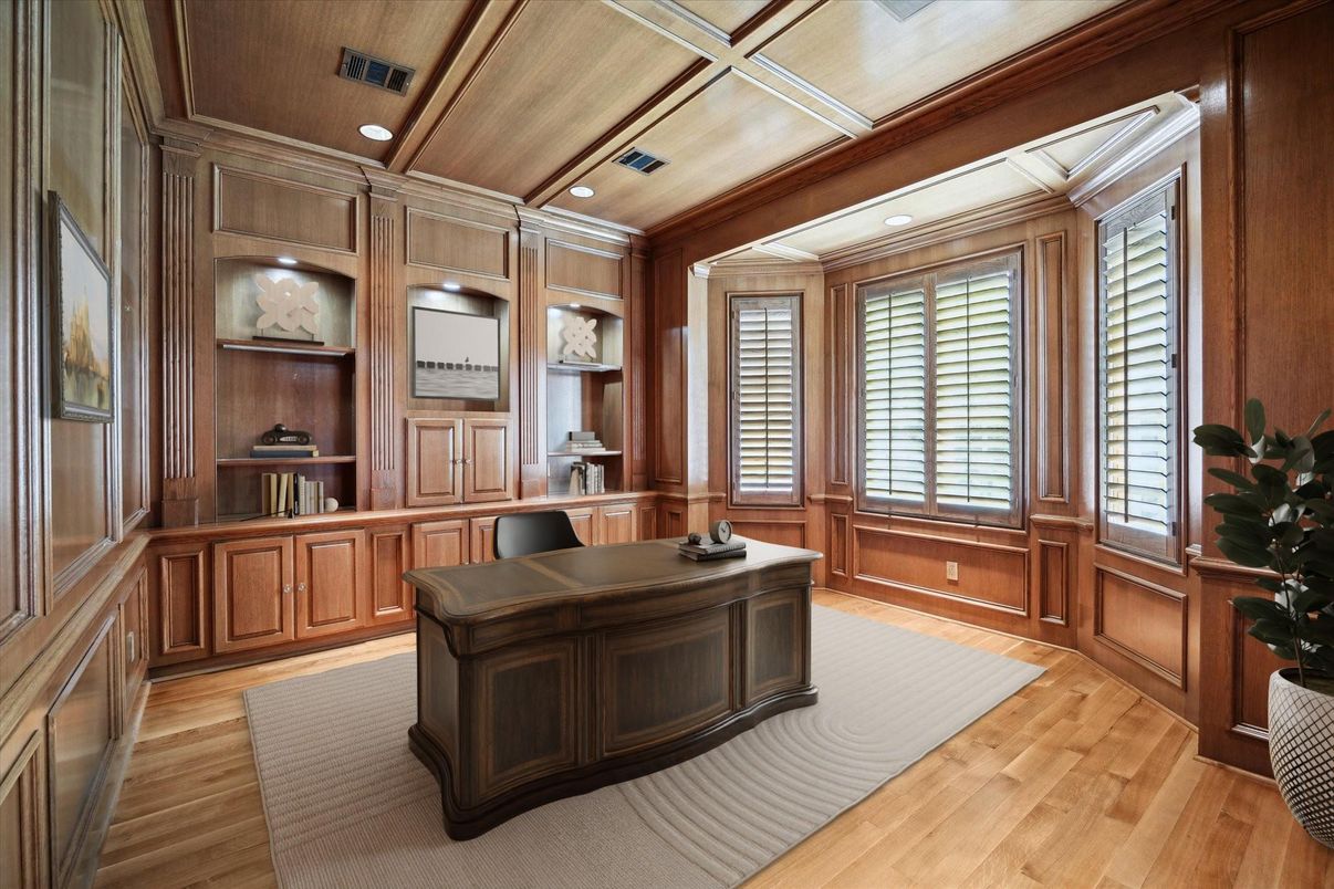 Home Office, Interior, Recessed Lighting, Wooden Ceilings, Wood Texture Flooring, Wooden Walls