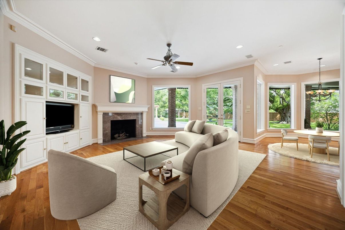 Chandelier, Dining room, Fireplace, Interior, Living room, Recessed Lighting, Wood Texture Flooring