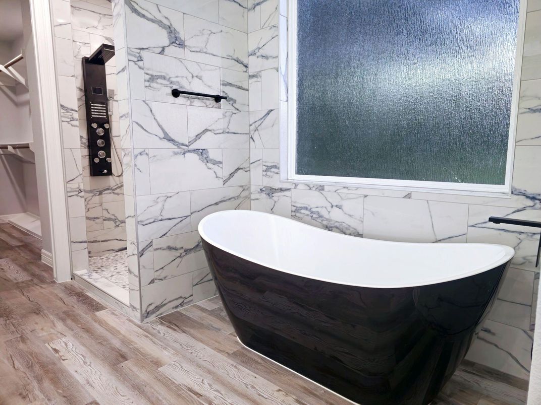 Bathroom, Free Standing Baths, Interior, Marble Walls, Wood Texture Flooring