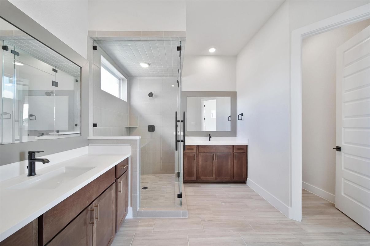 Bathroom, Dual Sink Vanities, Glass Shower, Interior, Recessed Lighting