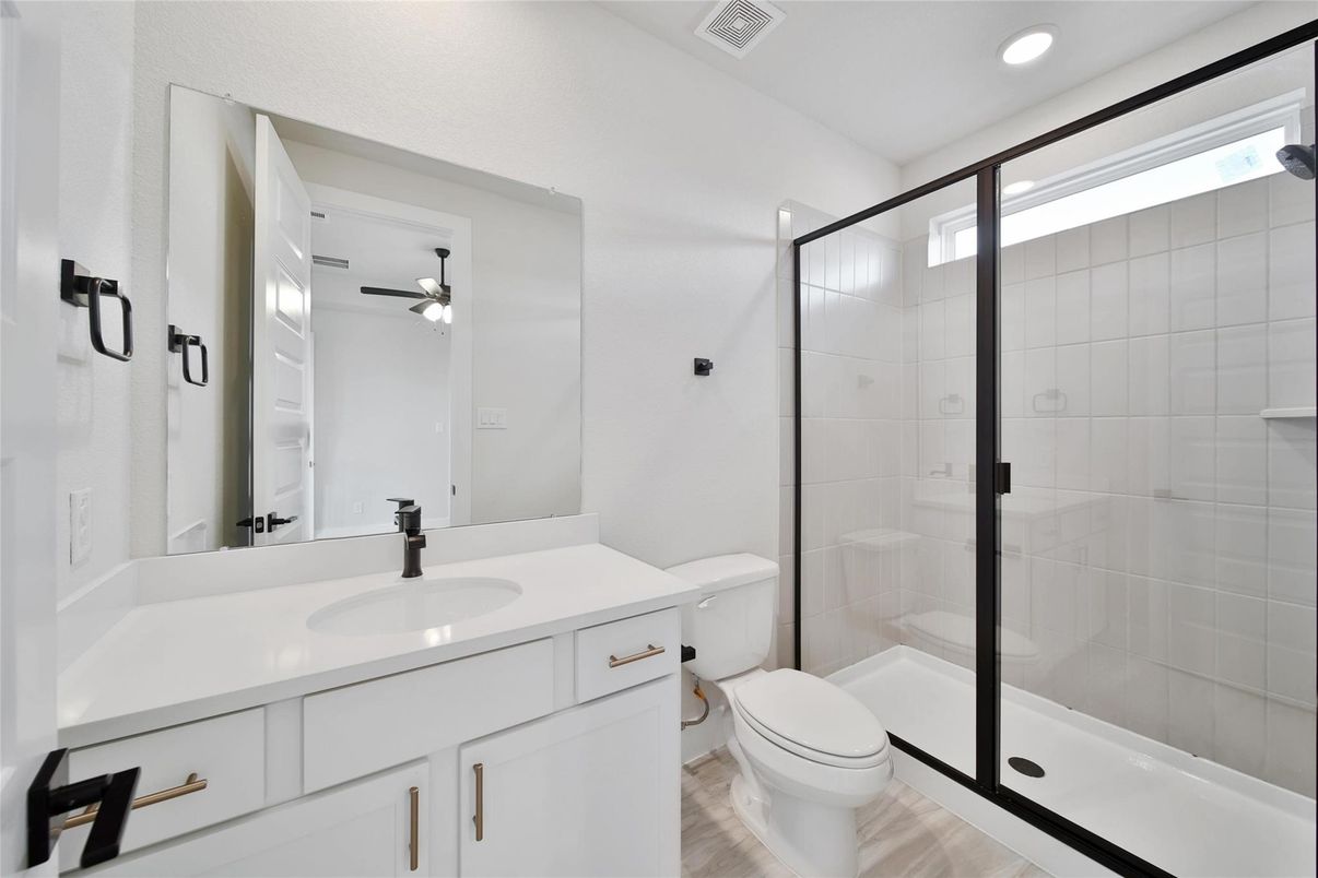 Bathroom, Glass Shower, Interior, Recessed Lighting, Wood Texture Flooring