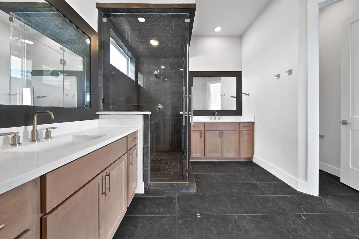 Bathroom, Dual Sink Vanities, Glass Shower, Interior, Recessed Lighting