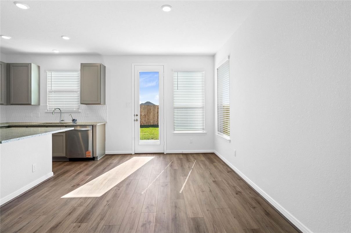 Empty room, Interior, Kitchen, Recessed Lighting, Wood Texture Flooring