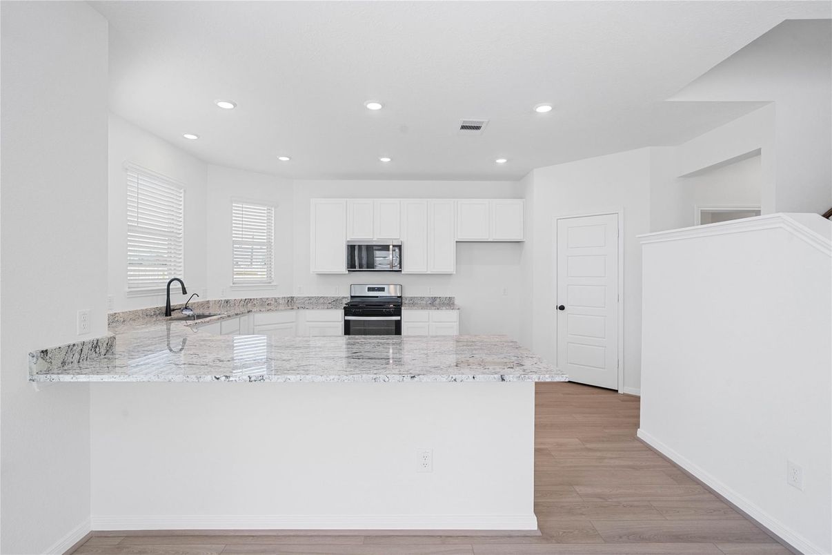 Interior, Kitchen, Recessed Lighting, Stainless Steel Appliances, Wood Texture Flooring