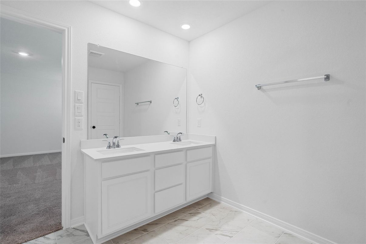 Bathroom, Dual Sink Vanities, Interior, Marble, Recessed Lighting