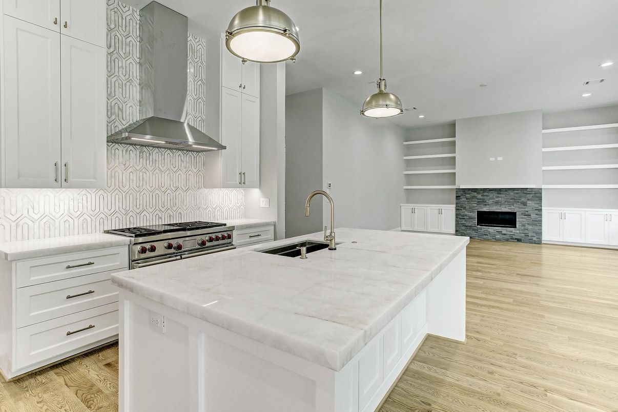 Fireplace, Interior, Kitchen, Pendant Lights, Recessed Lighting, Stainless Steel Appliances, Wood Texture Flooring