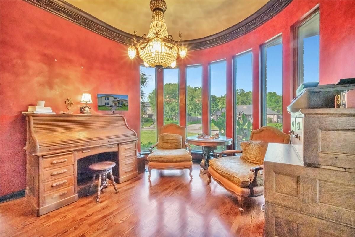 Chandelier, Home Office, Interior, Wood Texture Flooring
